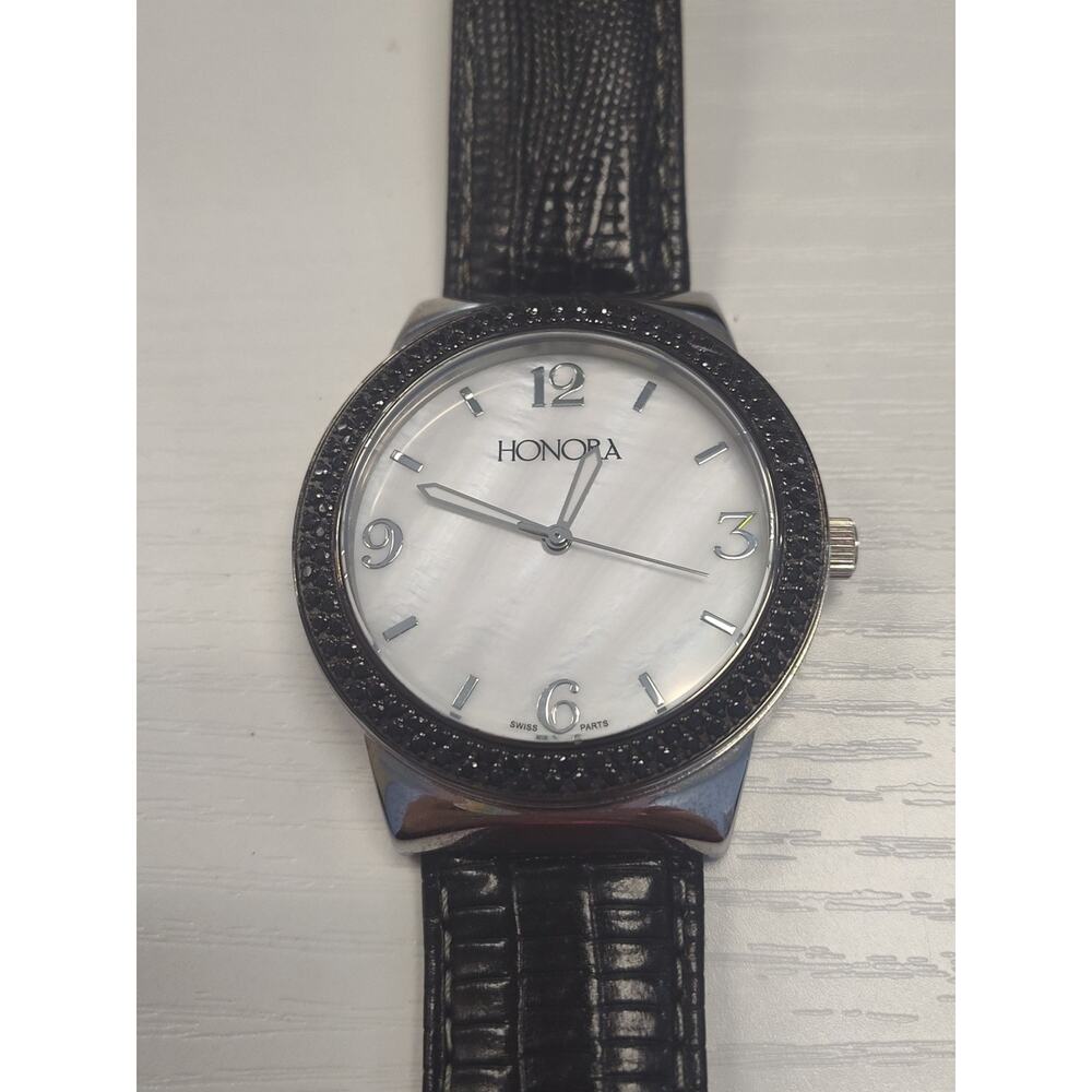 Honora Watch 1.00 Ct Black Spinel Bezel Leather 38mm Fits 7 -9" New Battery